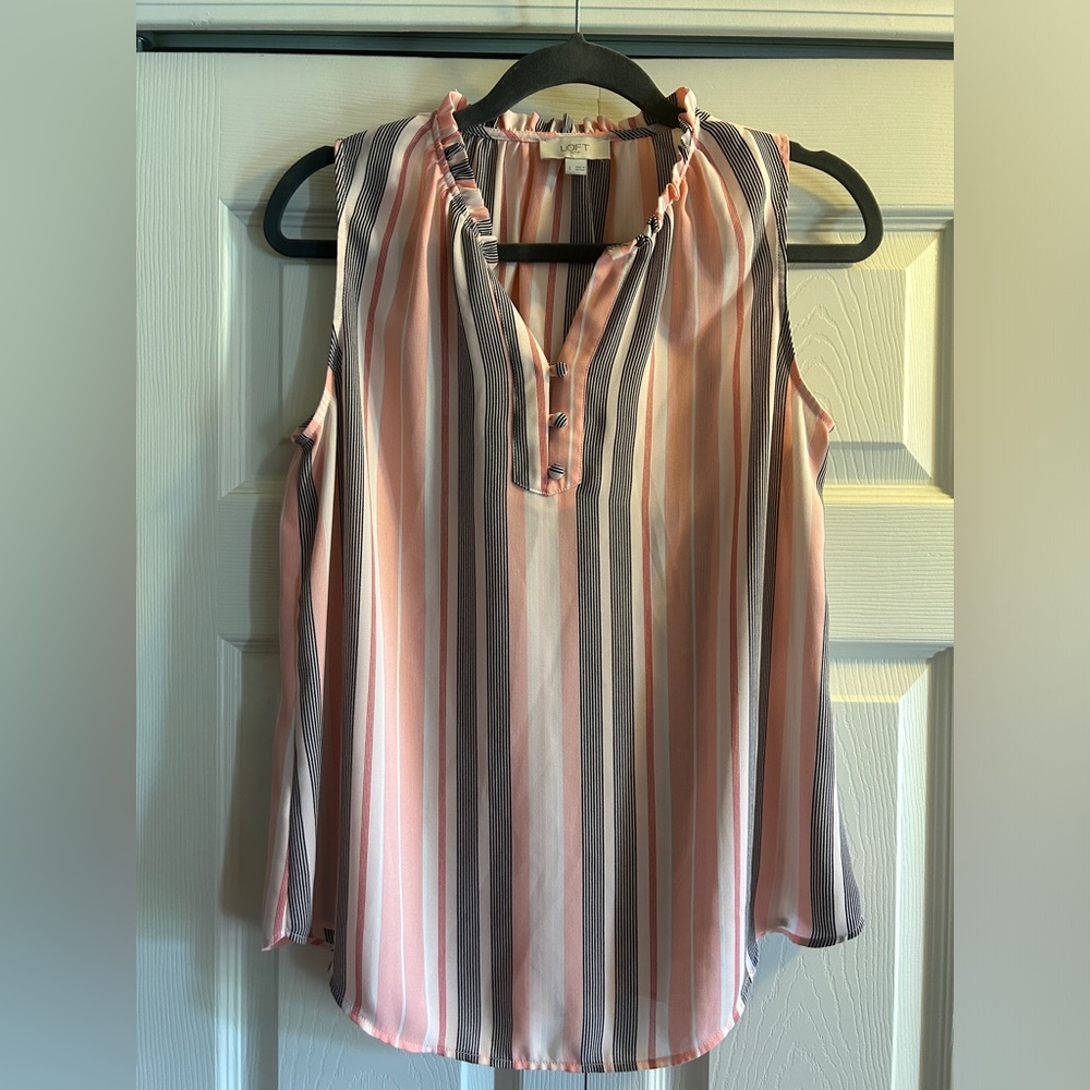 Loft Sleeveless Peach Pink Striped Blouse with Ruffle Neckline women’s size S